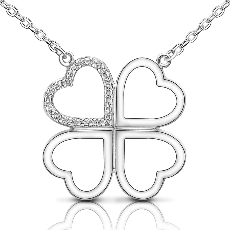 CZ Four Leaf Heart Shaped Clover Necklace Silver Pendant Necklace