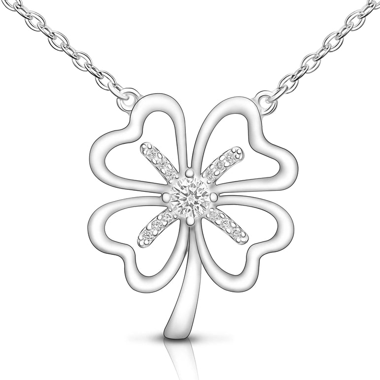 Four Leaf Clover Necklace Silver CZ Clover Lucky Charm