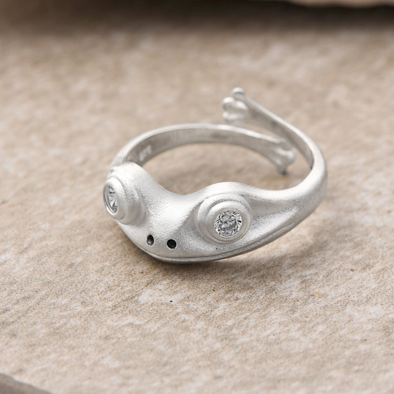 White CZ Adjustable Frog Ring Sterling Silver Ring