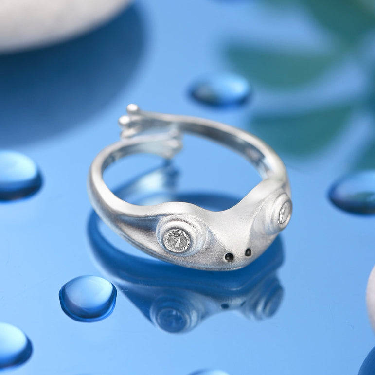White CZ Adjustable Frog Ring Sterling Silver Ring