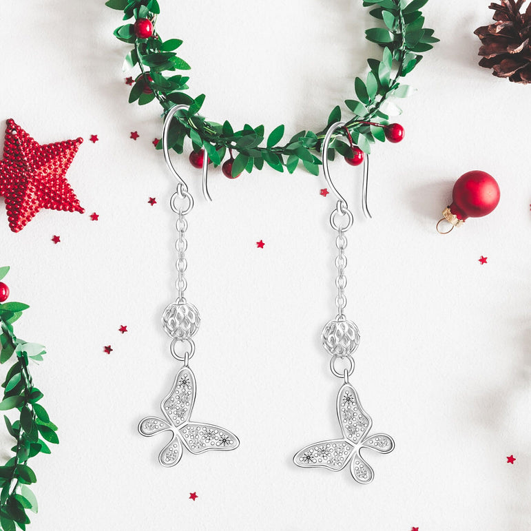 Dazzling CZ Butterfly Silver Dangle Earrings Drop Earrings