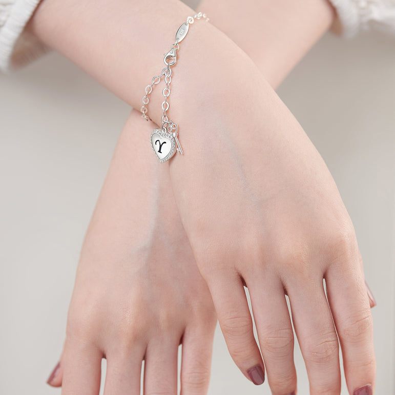 Love Heart Initial Bracelets Silver, 26 Alphabets Bracelet