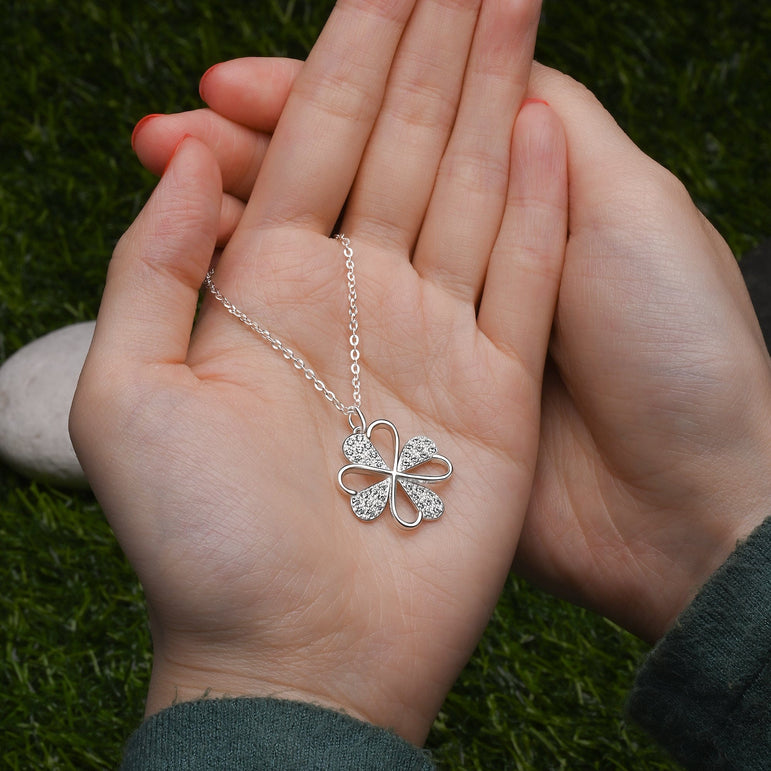Lucky Infinity Heart Four Leaf Clover Necklace Silver Pendant Necklace