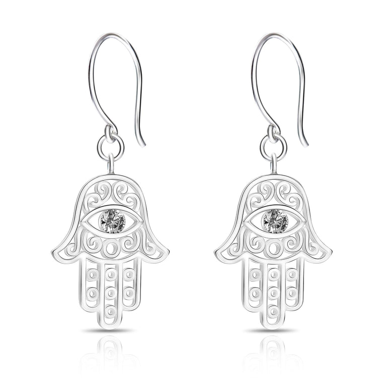 Hamsa Evil Eye Earrings Dangle Sterling Silver Drop Earrings