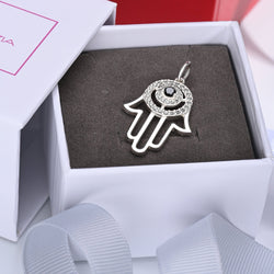 Black CZ Evil Eye Pendant in Sterling Silver Hamsa Hand Pendant
