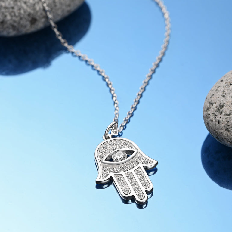 CZ Hamsa Hand Necklace Sterling Silver Pendant Necklace