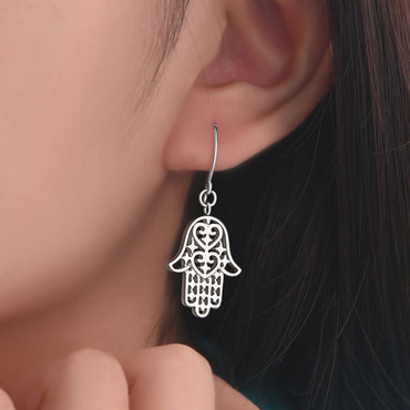 Sterling Silver Hamsa Hand Earrings Dangle Drop Earrings