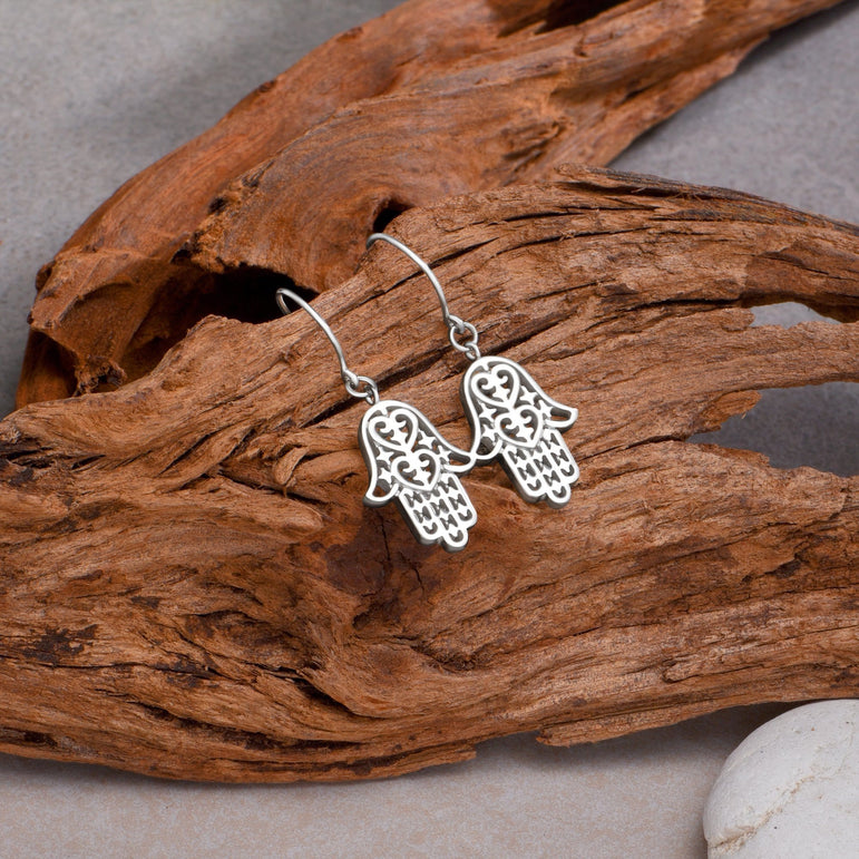 Sterling Silver Hamsa Hand Earrings Dangle Drop Earrings