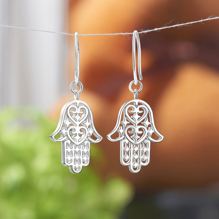 Sterling Silver Hamsa Hand Earrings Dangle Drop Earrings