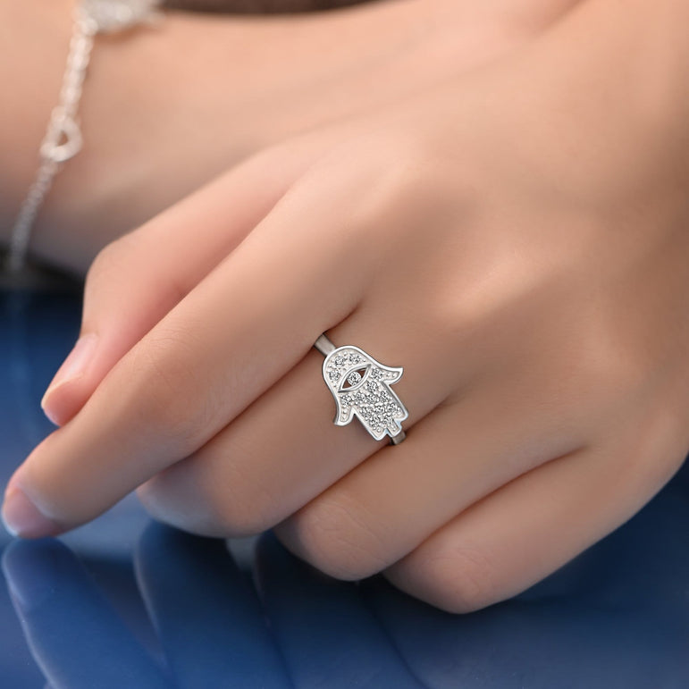 CZ Hamsa Hand Ring Sterling Silver Ring