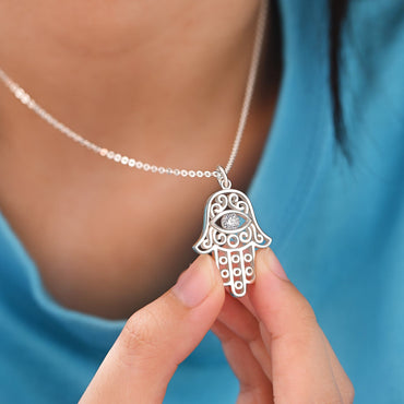 Hamsa Evil Eye Necklace Sterling Silver Pendant Necklace