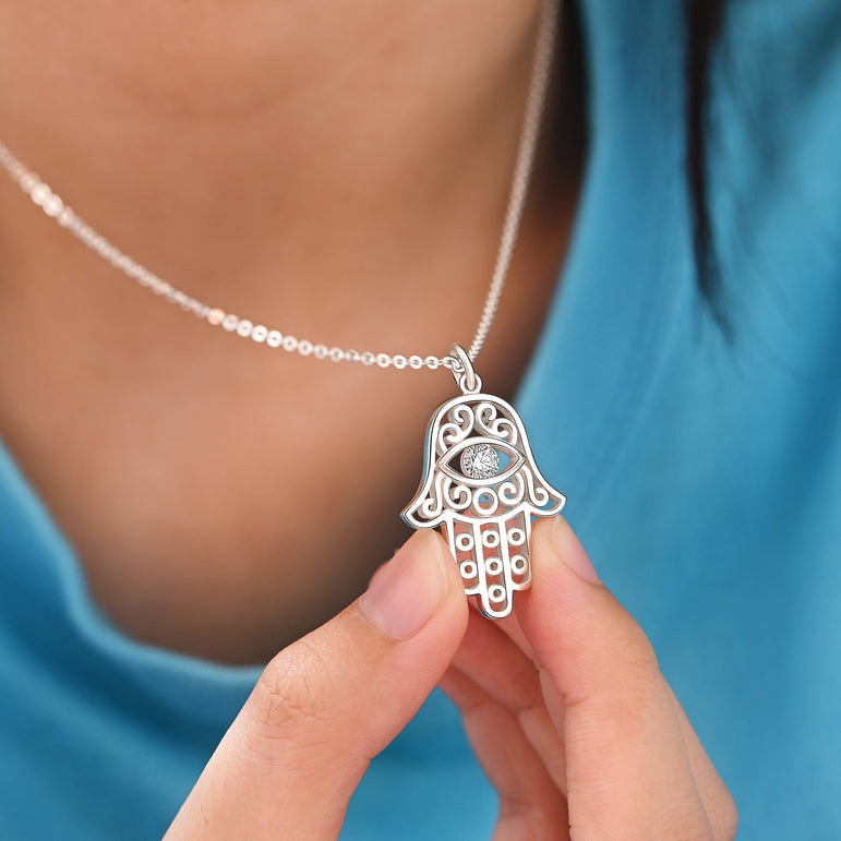 Hamsa Evil Eye Necklace Sterling Silver Pendant Necklace