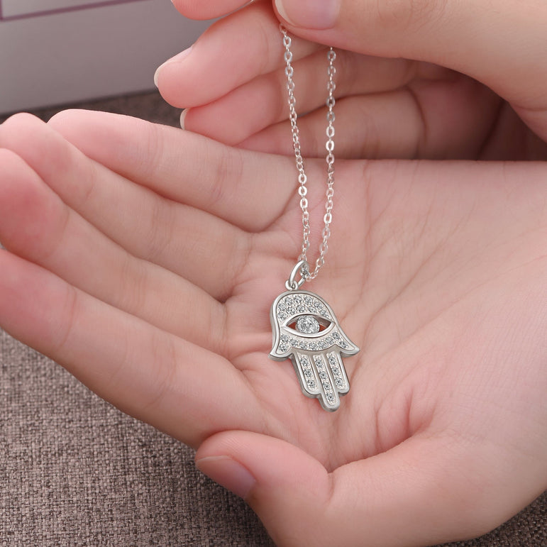 CZ Hamsa Hand Necklace Sterling Silver Pendant Necklace