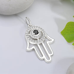 Black CZ Evil Eye Pendant in Sterling Silver Hamsa Hand Pendant