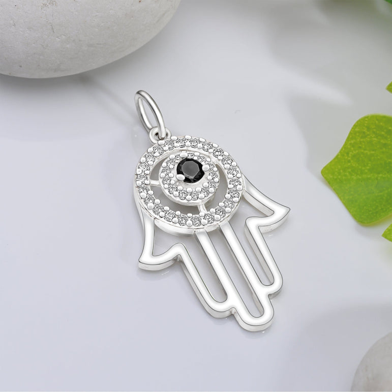 Black CZ Evil Eye Pendant in Sterling Silver Hamsa Hand Pendant