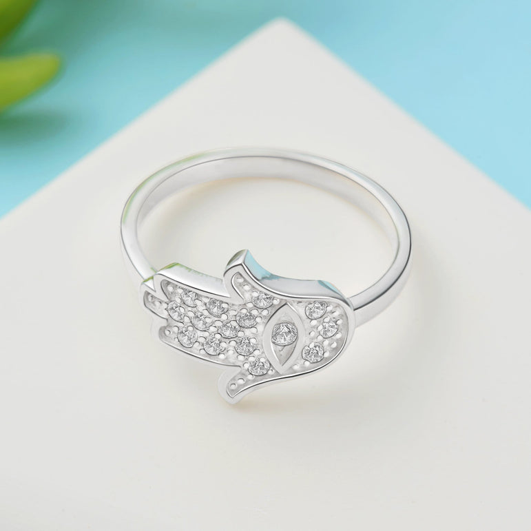 CZ Hamsa Hand Ring Sterling Silver Ring