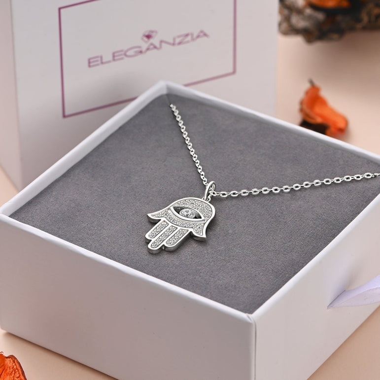CZ Hamsa Hand Necklace Sterling Silver Pendant Necklace