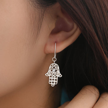 Hamsa Evil Eye Earrings Dangle Sterling Silver Drop Earrings