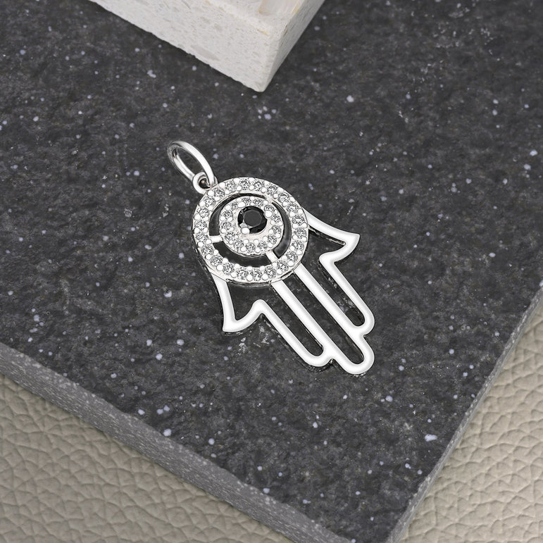 Black CZ Evil Eye Pendant in Sterling Silver Hamsa Hand Pendant