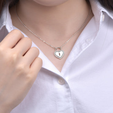 Sterling Silver Heart Lock Necklace with CZ Pendant Necklace