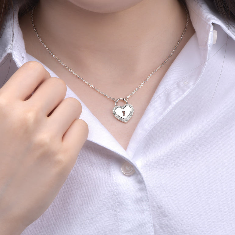 Sterling Silver Heart Lock Necklace with CZ Pendant Necklace