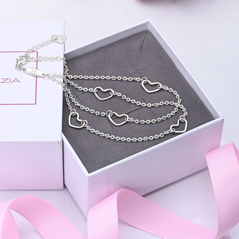 Layered Open Heart Anklet Sterling Silver Anklet