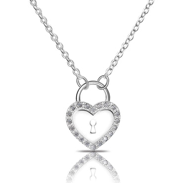 Sterling Silver Heart Lock Necklace with CZ Pendant Necklace