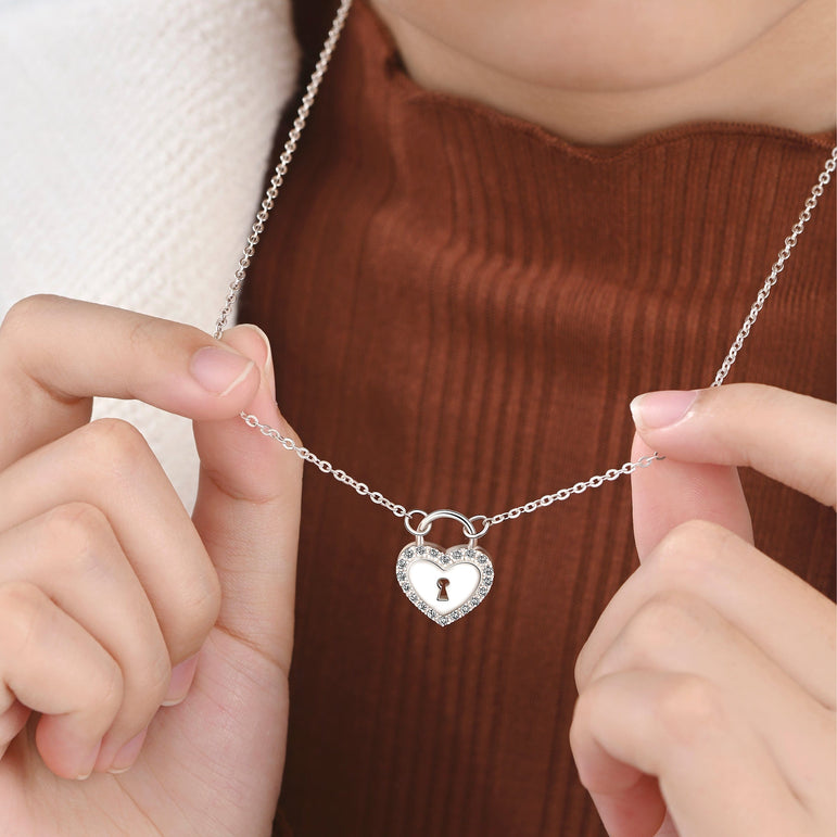 Sterling Silver Heart Lock Necklace with CZ Pendant Necklace