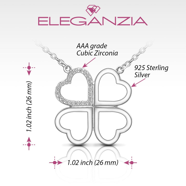 CZ Four Leaf Heart Shaped Clover Necklace Silver Pendant Necklace