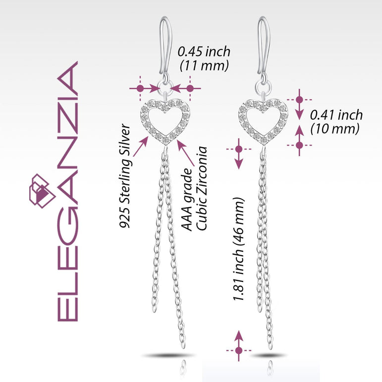 CZ Open Heart Earrings Dangle Sterling Silver Drop Earrings