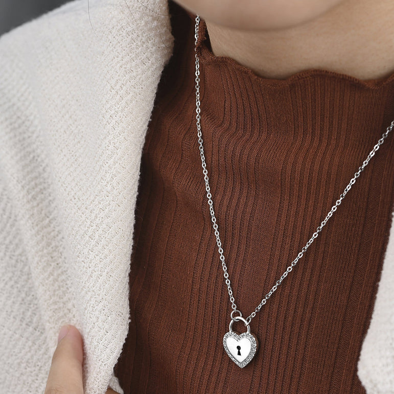 Sterling Silver Heart Lock Necklace with CZ Pendant Necklace