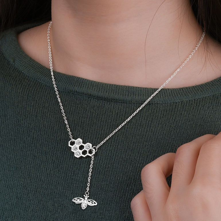 CZ Honeycomb Necklace with Bee Necklace Charm Silver Pendant Necklace