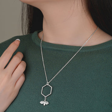Geometric Honeycomb Necklace with Bee Sterling Silver Pendant Necklace