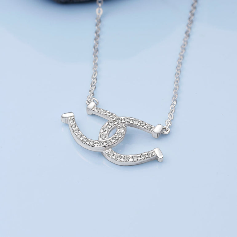 CZ Lucky Double Horseshoe Necklace Sterling Silver Pendant Necklace