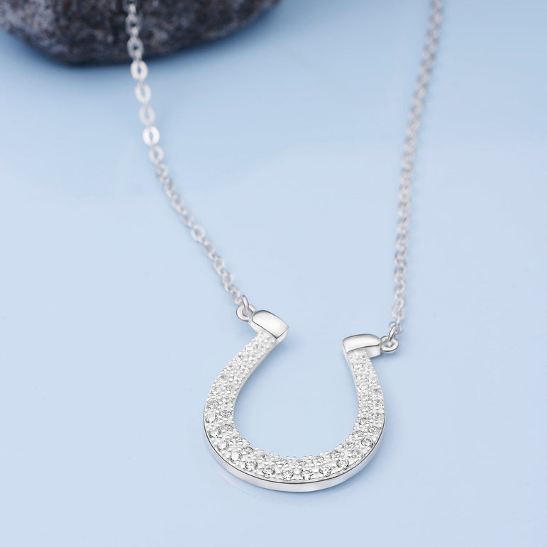 Lucky Horseshoe Necklace Sterling Silver with CZ Pendant Necklace