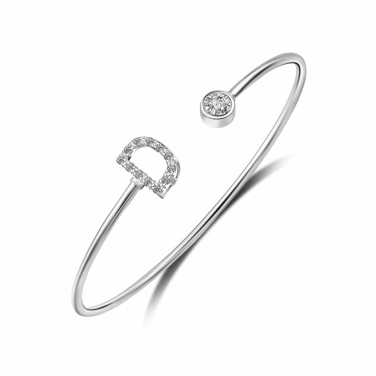 Initial Bangle Bracelets Silver Adjustable, 26 Alphabets Bangle D