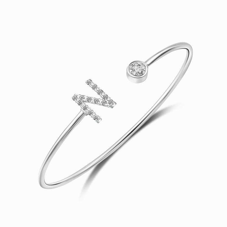 Initial Bangle Bracelets Silver Adjustable, 26 Alphabets Bangle N
