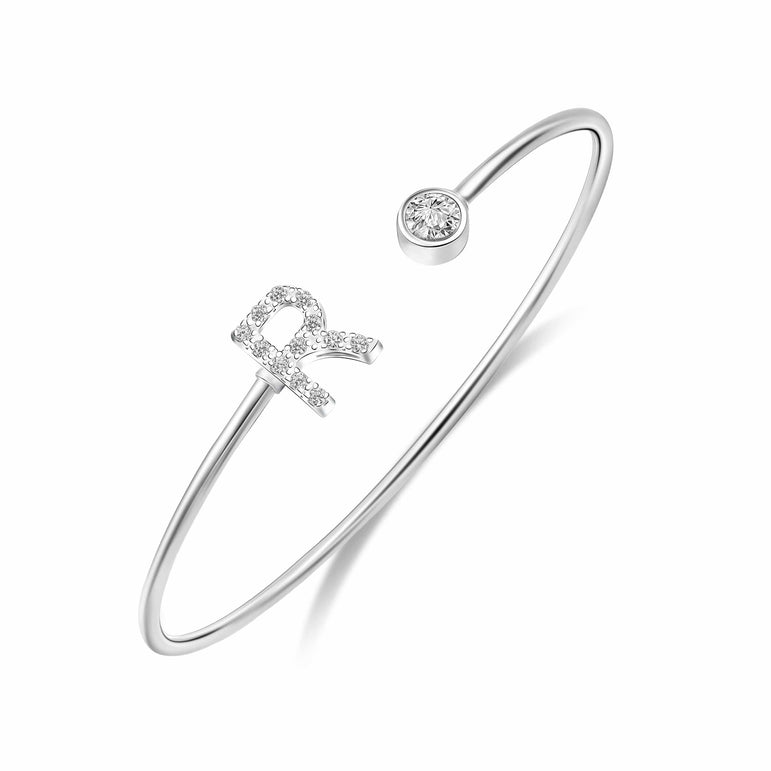 Initial Bangle Bracelets Silver Adjustable, 26 Alphabets Bangle R