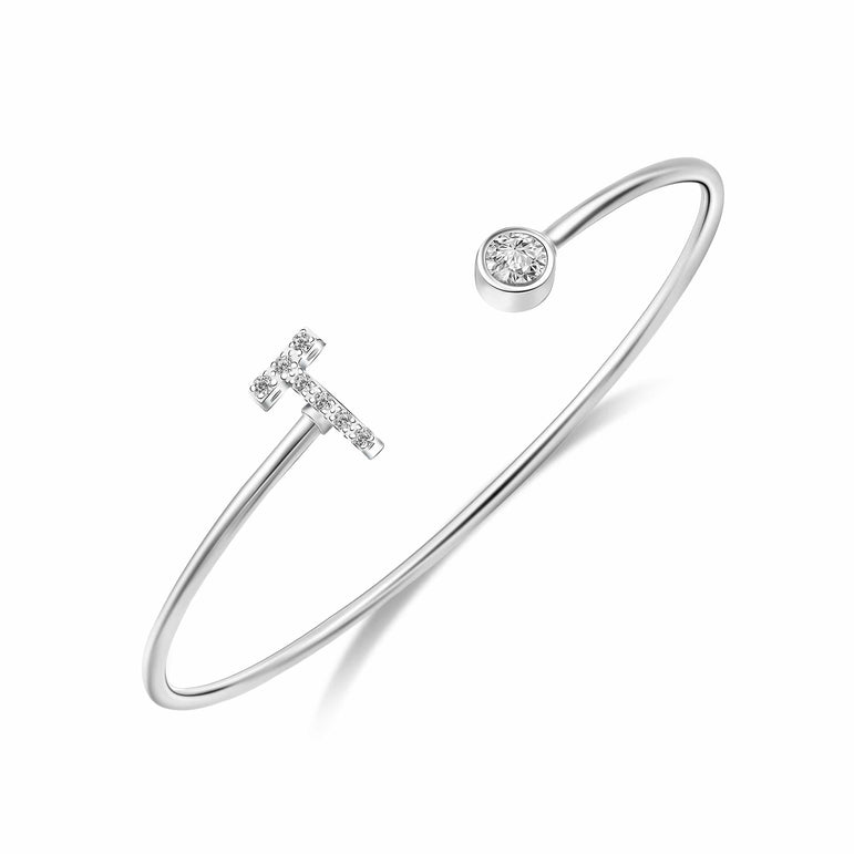 Initial Bangle Bracelets Silver Adjustable, 26 Alphabets Bangle T