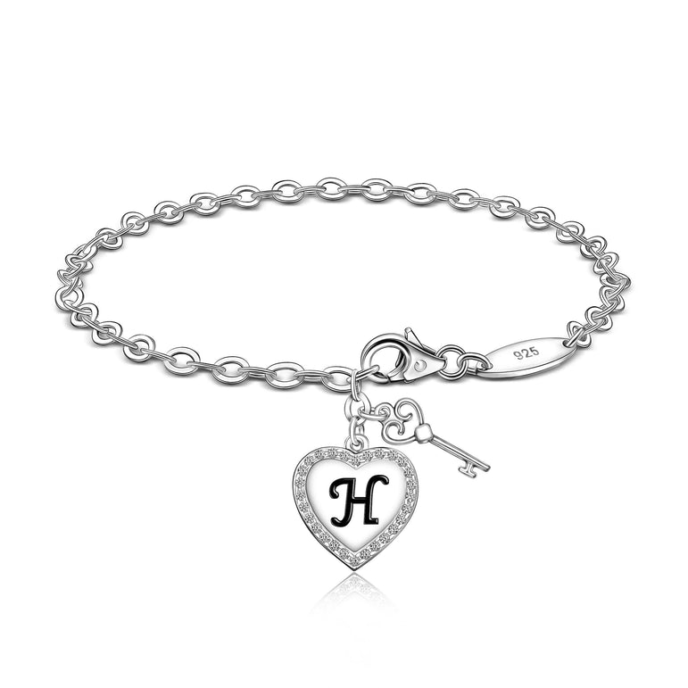 Love Heart Initial Bracelets Silver, 26 Alphabets Bracelet H