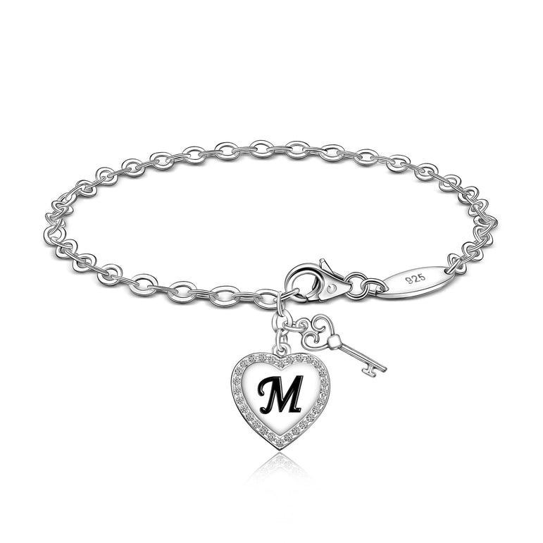 Love Heart Initial Bracelets Silver, 26 Alphabets Bracelet M