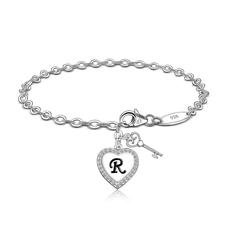 Love Heart Initial Bracelets Silver, 26 Alphabets Bracelet R