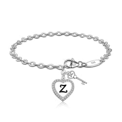 Love Heart Initial Bracelets Silver, 26 Alphabets Bracelet Z