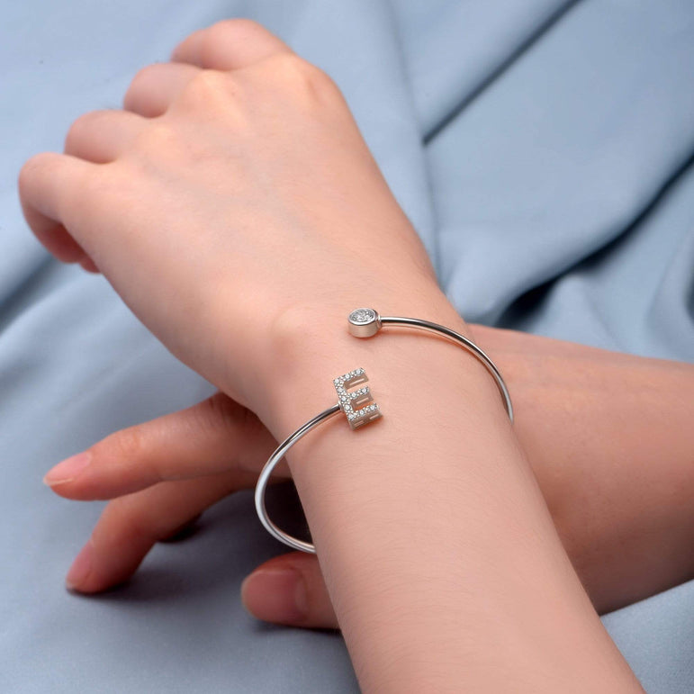 Initial Bangle Bracelets Silver Adjustable, 26 Alphabets Bangle