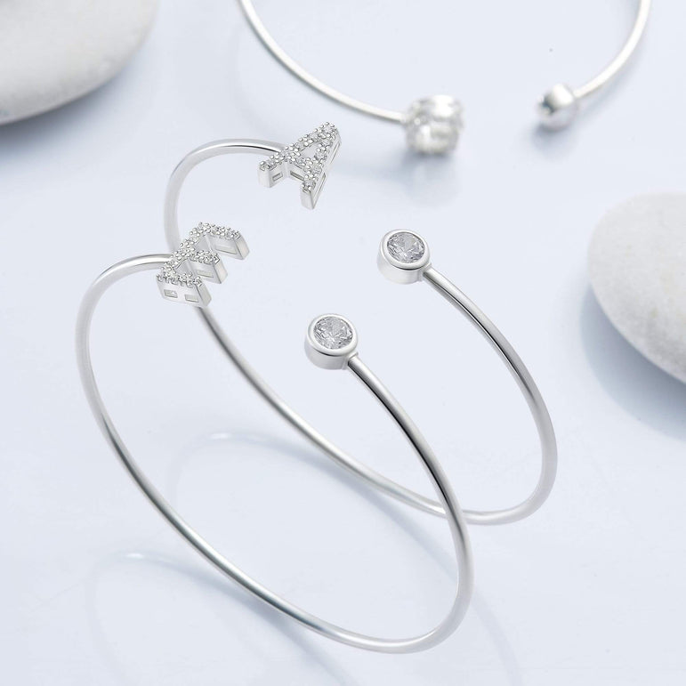Initial Bangle Bracelets Silver Adjustable, 26 Alphabets Bangle