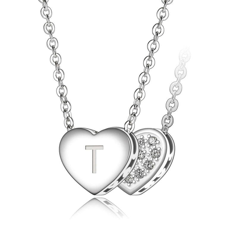 Love Heart Initial Necklace Silver, 26 Alphabets Pendant Necklace T Pendant + Chain