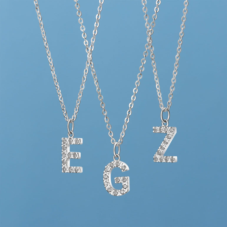 CZ Initial Necklaces Sterling Silver, 26 Alphabets