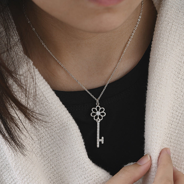 CZ Flower Key Necklace Silver Pendant Necklace