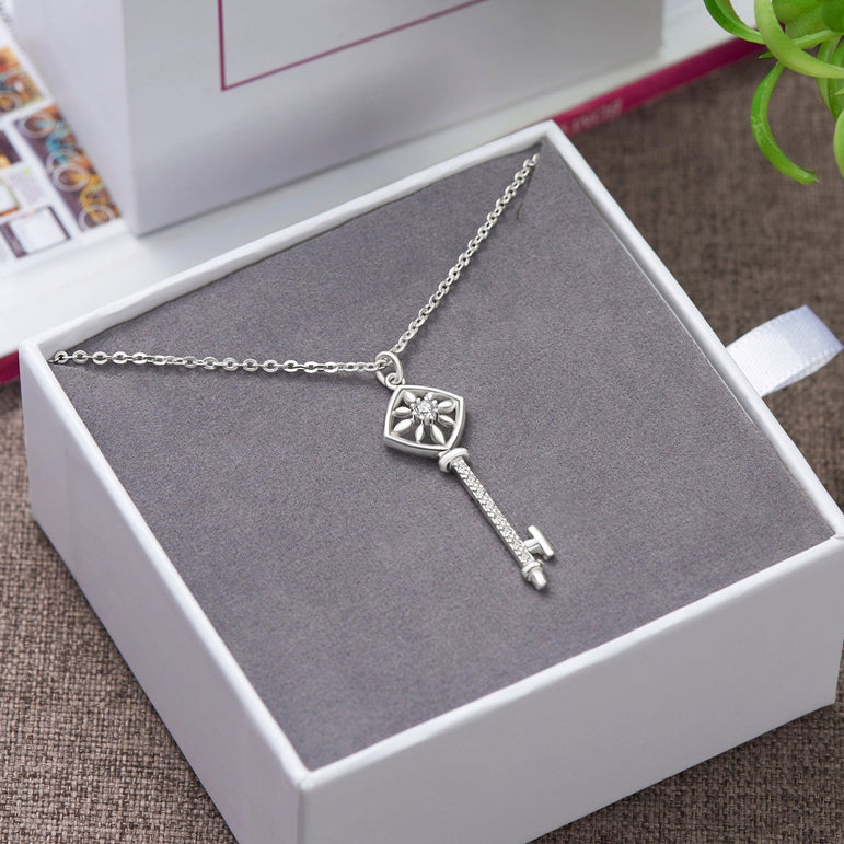 Square Compass Key Necklace Silver Pendant Necklace