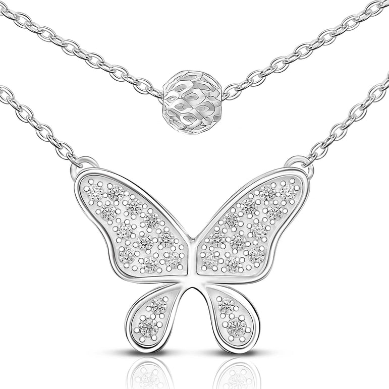 Dazzling CZ Layered Butterfly Silver Necklace Pendant Necklace
